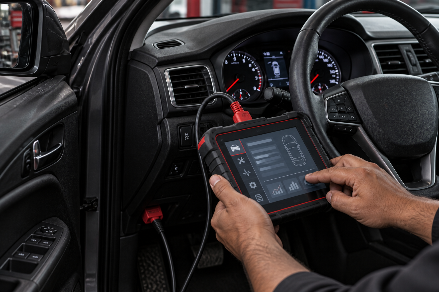 Manos operando un escáner de diagnóstico automotriz